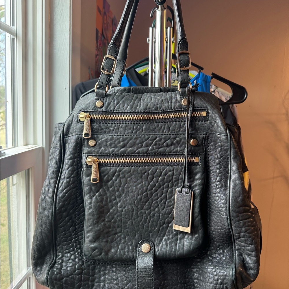 Gryson Mia Shoulder Satchel in Black Crinkled Lambskin Leather